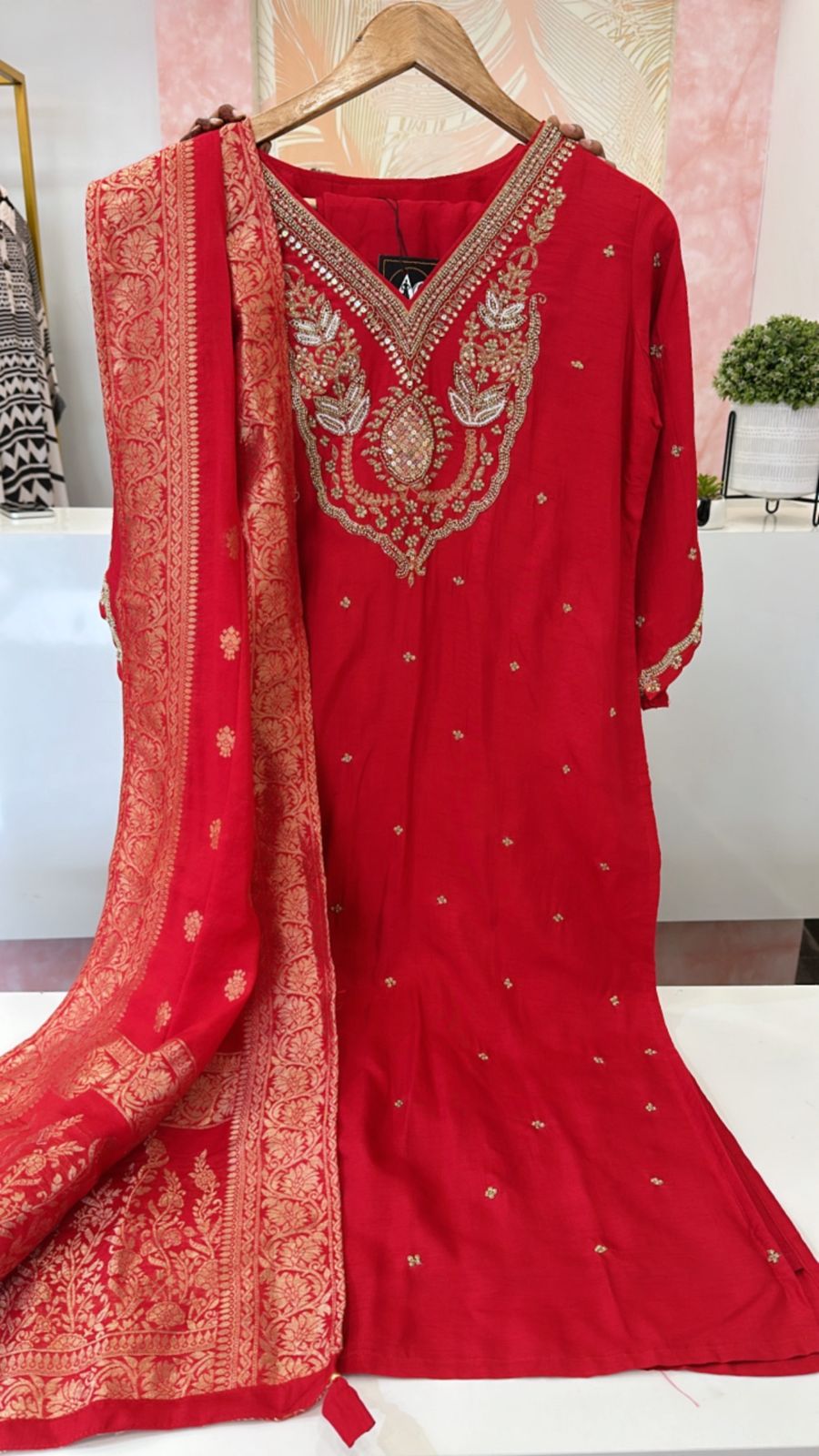 Pretty red dola silk handwork suit with designer back