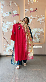 Pretty Russian silk suit set paired with Kalamkari dupatta in pink