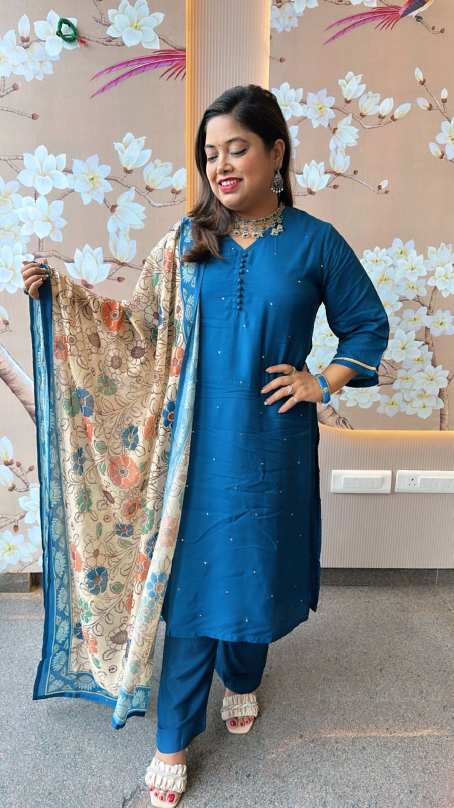 Pretty Russian silk suit set paired with Kalamkari dupatta in blue
