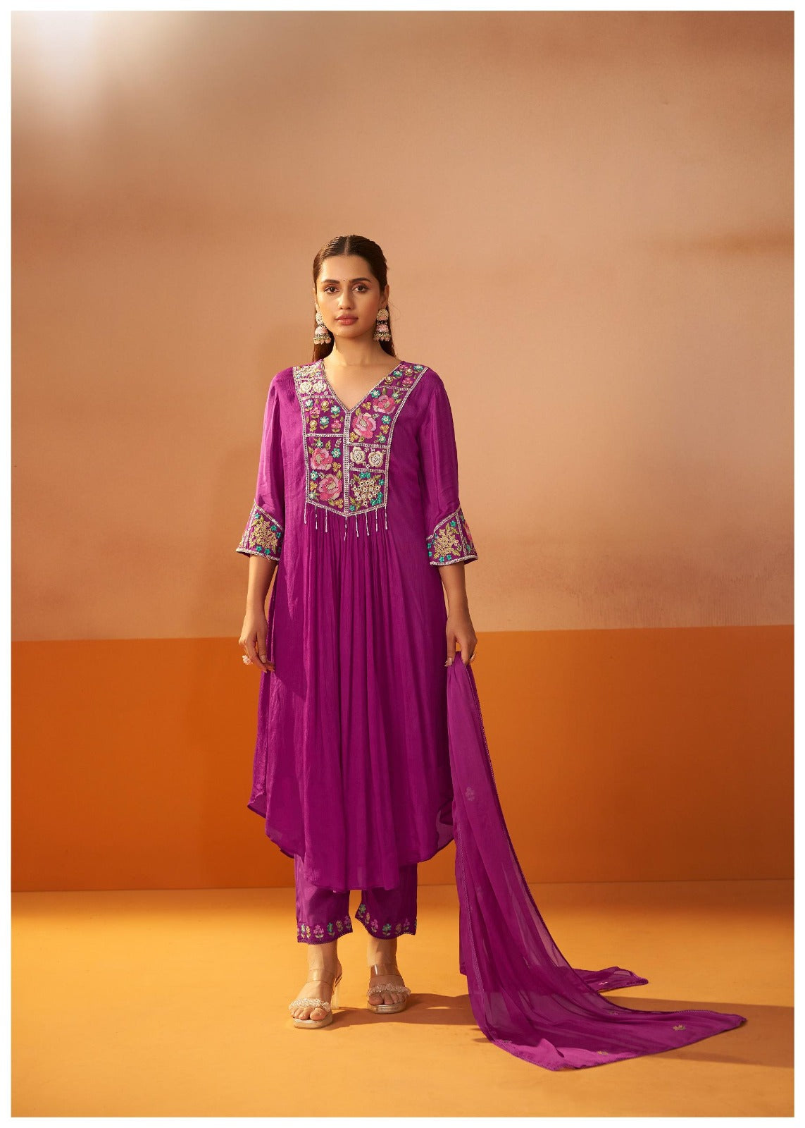 Pretty chinon embroidery suit set