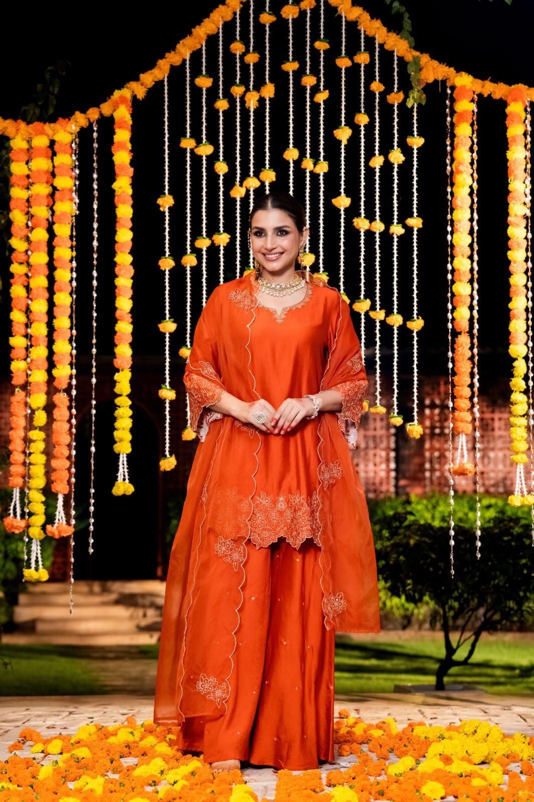 Restock on high demand ! Cut work dupatta mocca silk palazzo suit set in orange