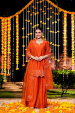 Restock on high demand ! Cut work dupatta mocca silk palazzo suit set in orange