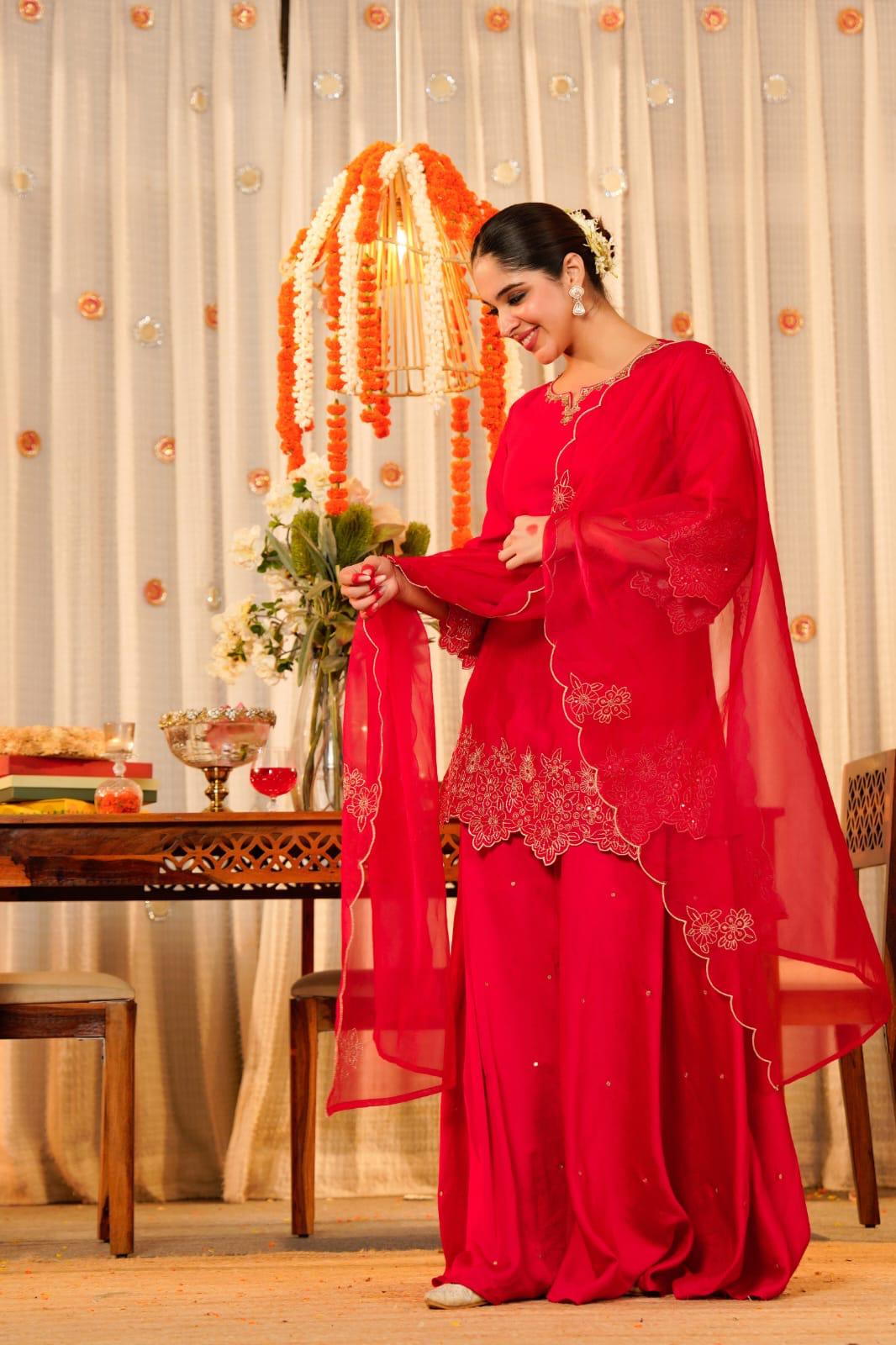 Restock on high demand ! Cut work dupatta mocca silk palazzo suit set in pink