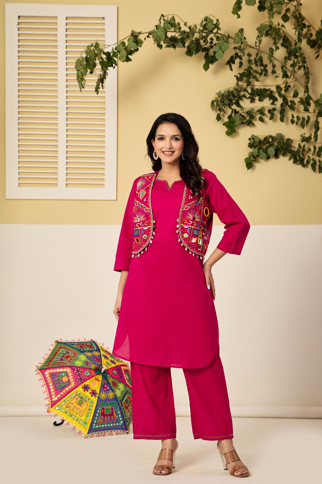 Navratri special! Pure cotton detachable jacket real mirror kurta pant in pink