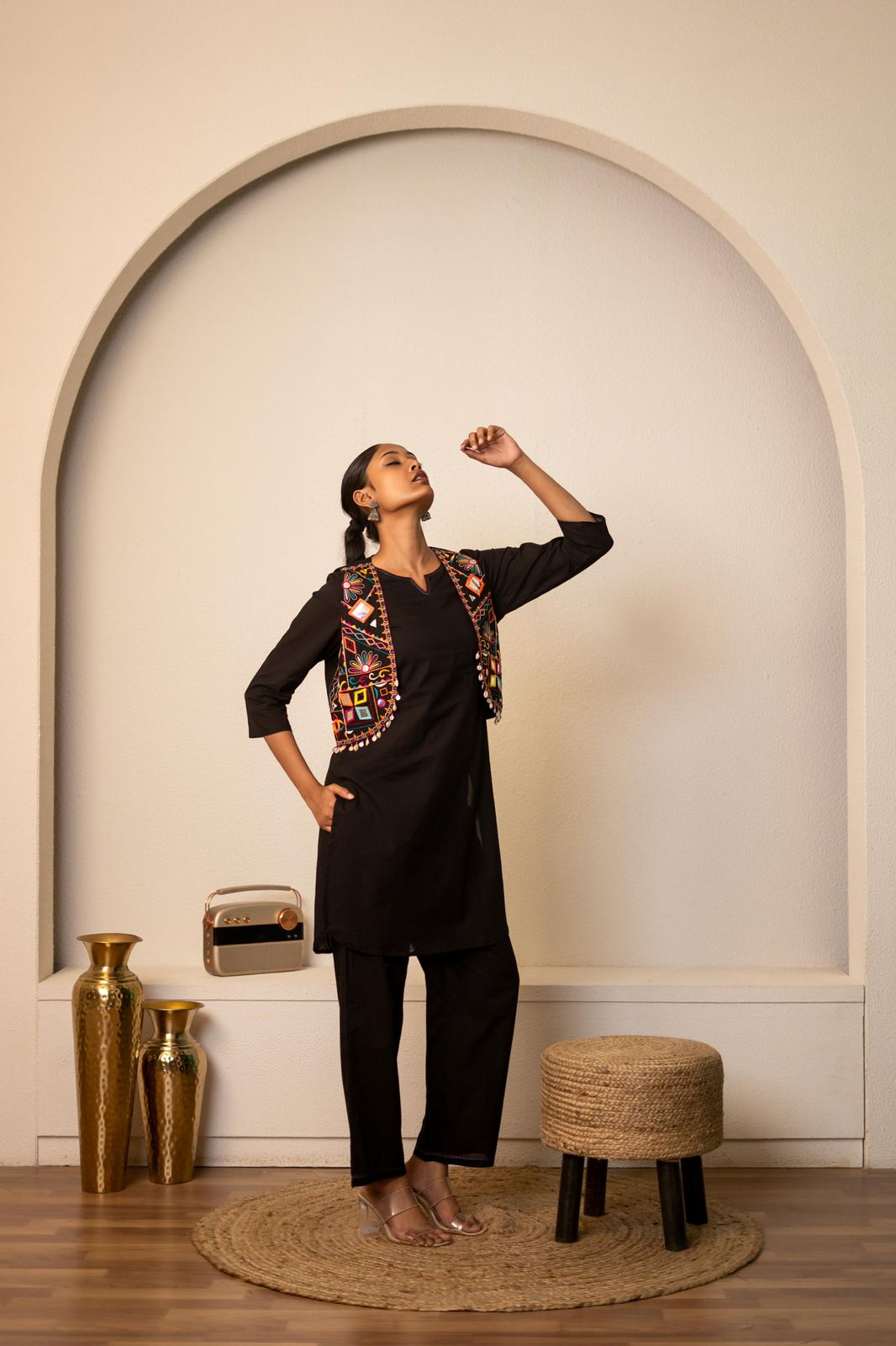 Navratri special! Pure cotton detachable jacket real mirror kurta pant in black