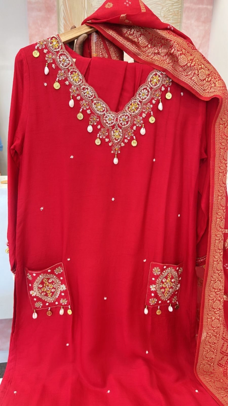 Pretty dola silk heavily embellished suit set in red