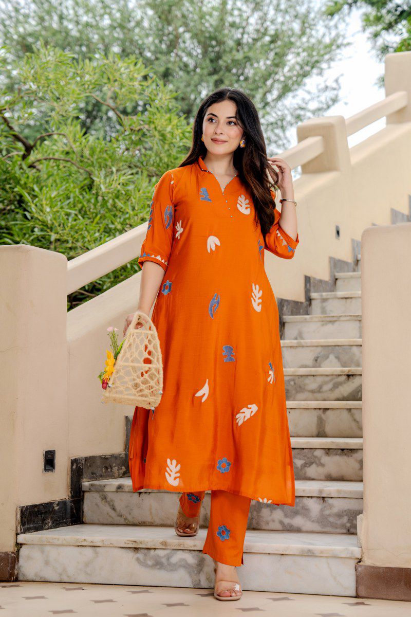 Appliqué work Mul Chanderi kurta pant