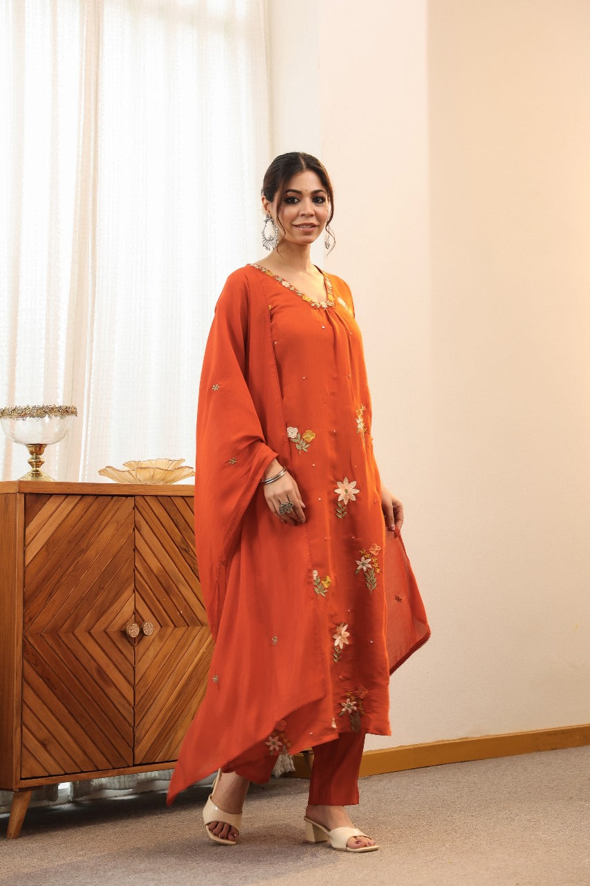 Pretty embroidered Chanderi suit set in rust