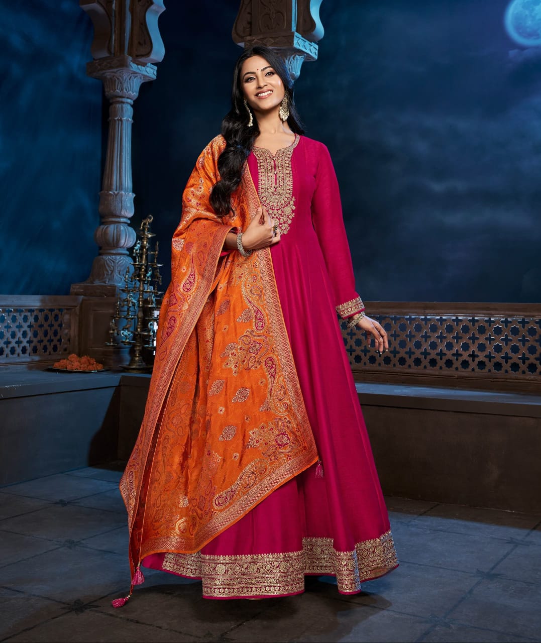 Dola silk Anarkali paired with Banarasi dupatta