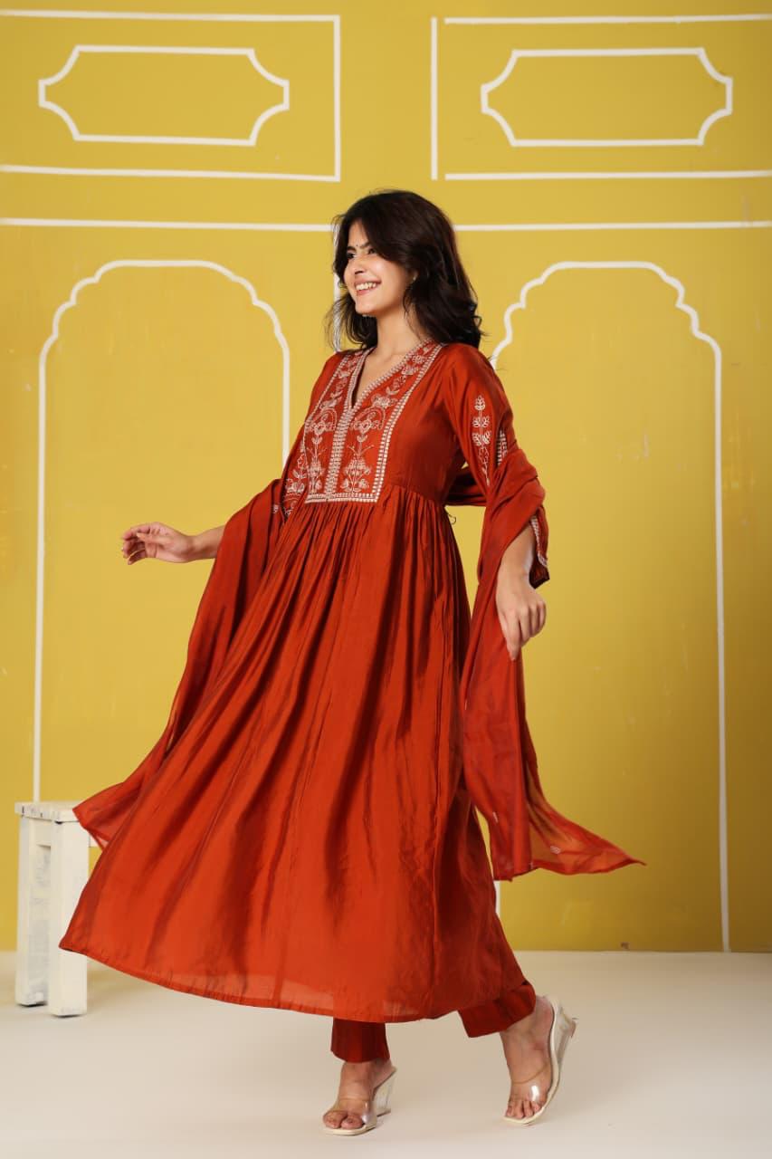 Zari work bemberg muslin silk suit set in rust