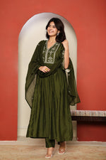 Zari work bemberg muslin silk suit set in green