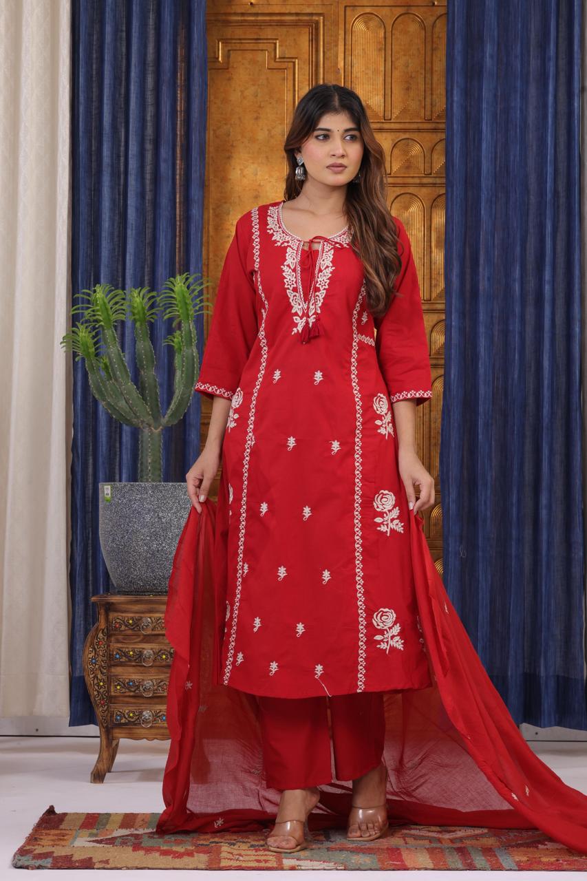 Pure cotton red embroidered suit set