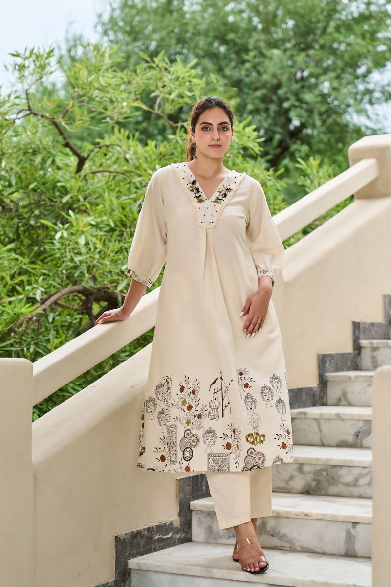 Pretty cotton V neck kurta pant in green n brown