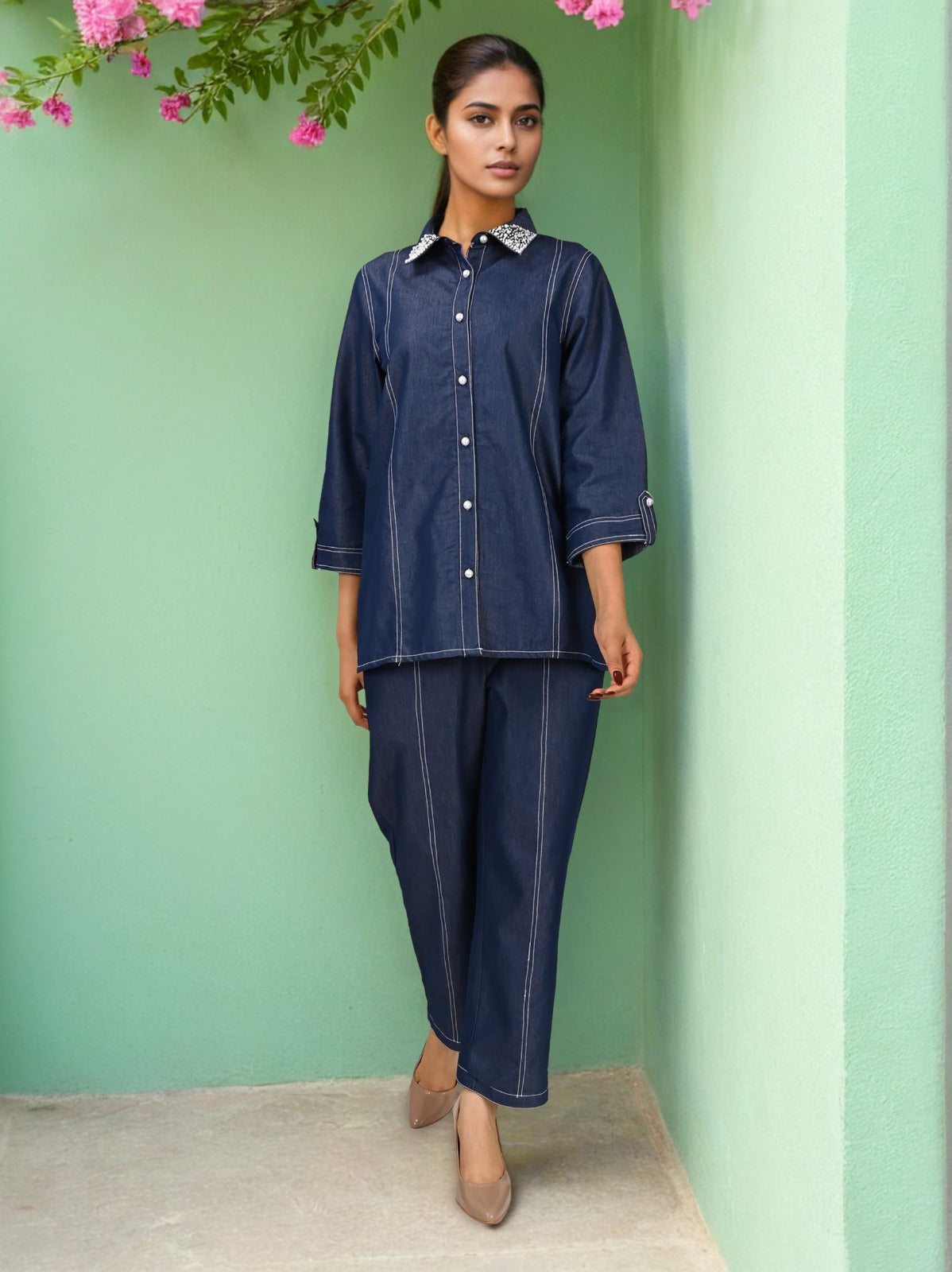 Smart comfy denim cotton with pearl detailing co ord set