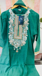 Designer back embroidered Mul Chanderi suit set in green