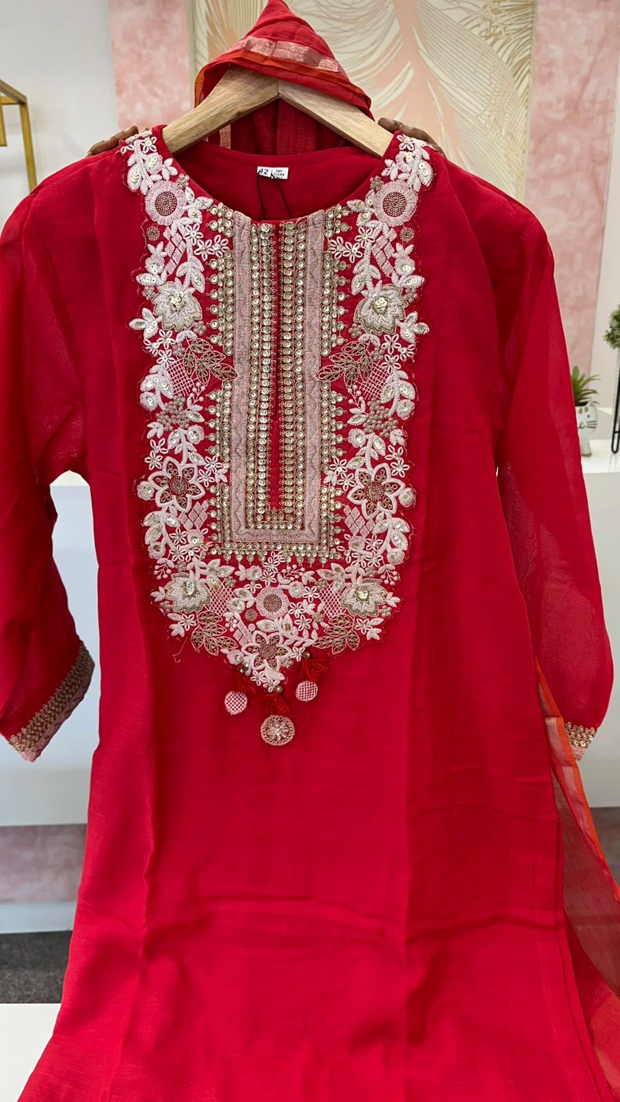 Designer back embroidered Mul Chanderi suit set in red
