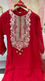 Designer back embroidered Mul Chanderi suit set in red