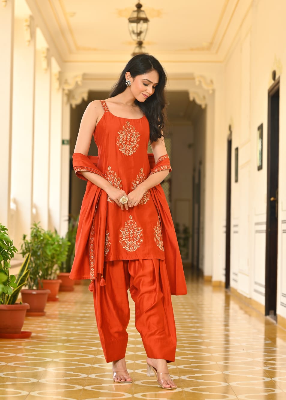 Viscose Chanderi silk farshi salwar noodle strap suit set