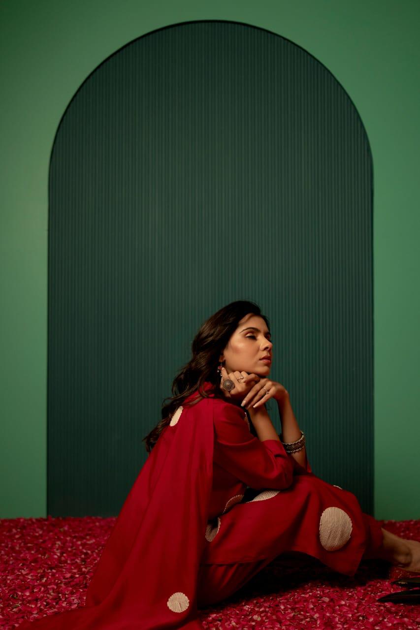 Pure bemberg muslin embroidered moon suit set in red