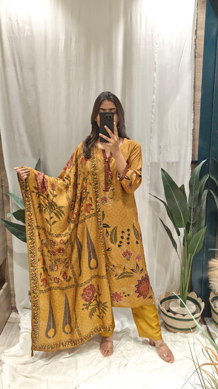 Pure Mul silk Kalamkari suit set in yellow