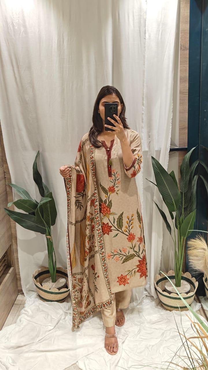 Pure Mul silk Kalamkari suit set in grey