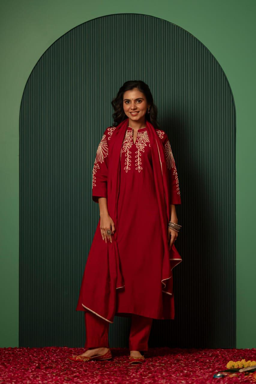 Pure bemberg muslin embroidered suit set in red