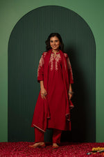 Pure bemberg muslin embroidered suit set in red