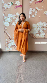 Pretty cotton embroidered front lining suit set in tan