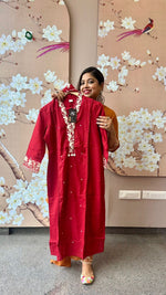 Pretty cotton embroidered front lining suit set in red