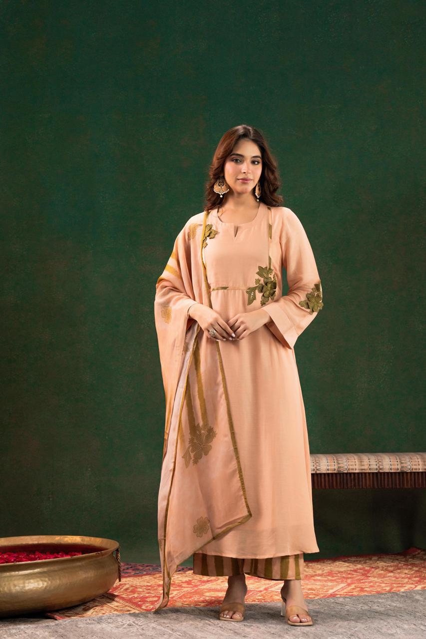 Premium Mul silk appliqué work suit set paired with organza dupatta in green