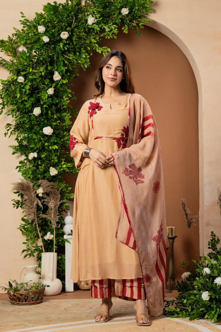 Premium Mul silk appliqué work suit set paired with organza dupatta in red