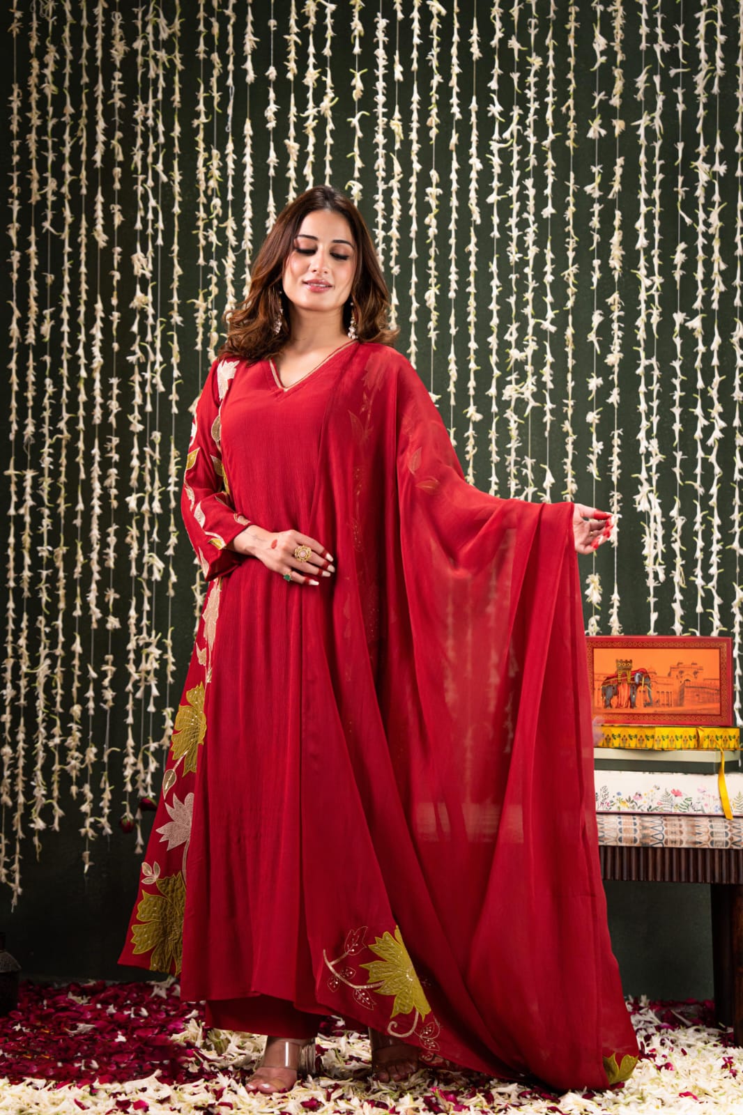 Designer appliqué work Mul Chanderi suit set