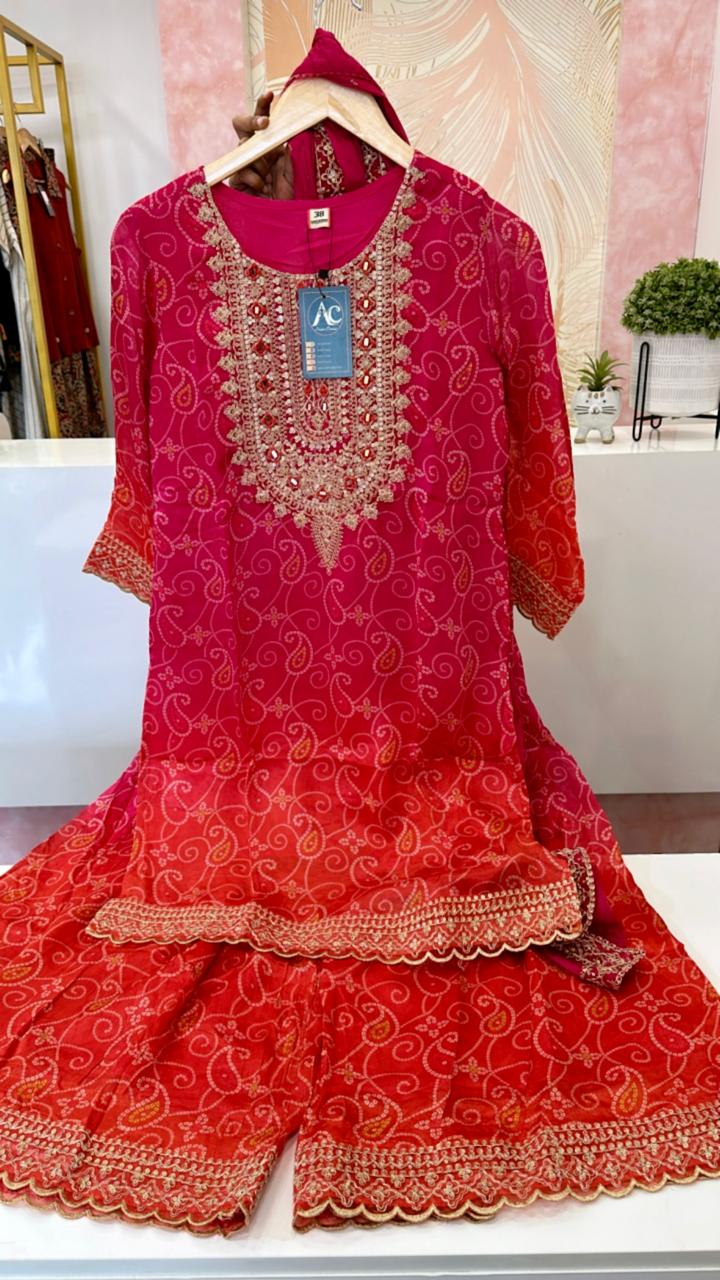 Pretty crape will bandhani ombré shade suit set