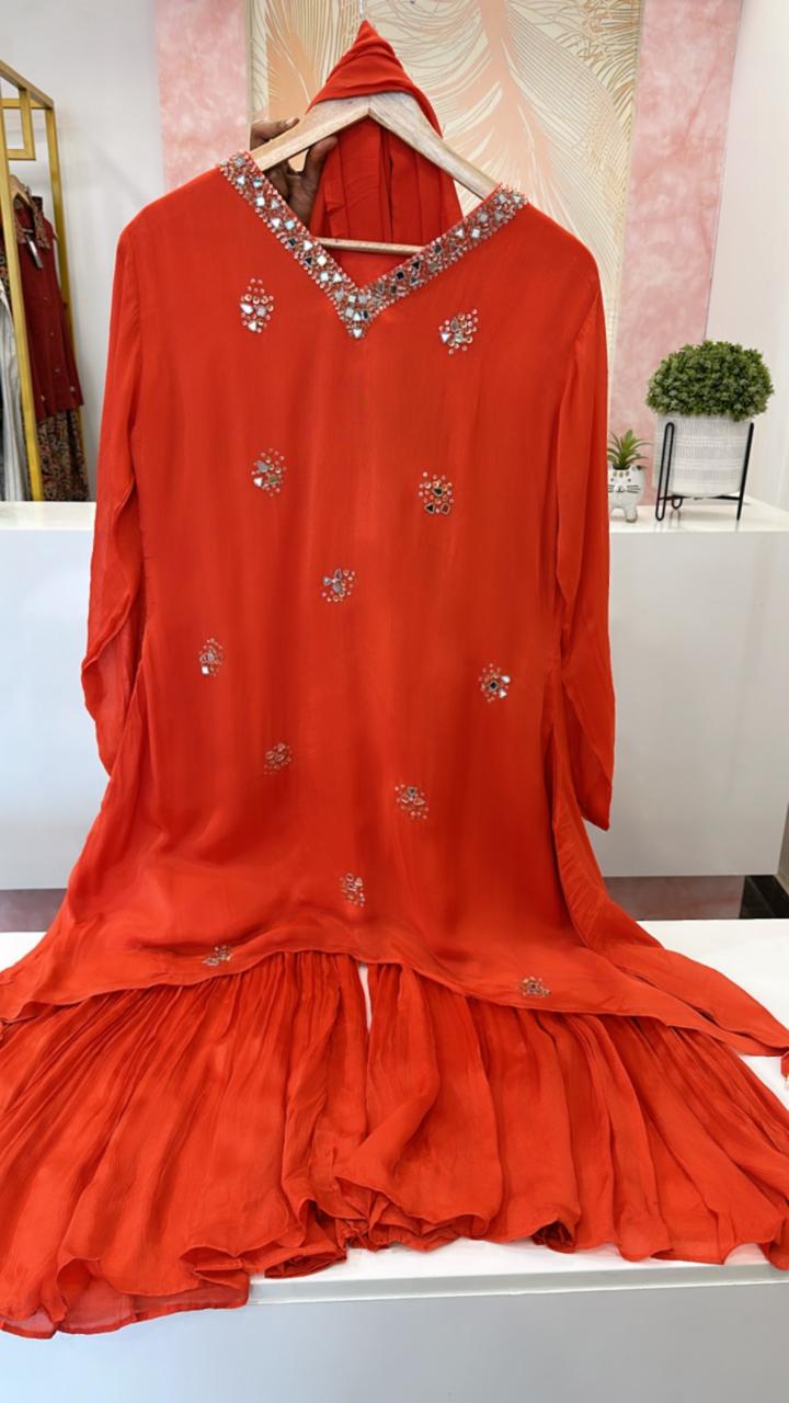 Real mirror party wear chinon sharara set