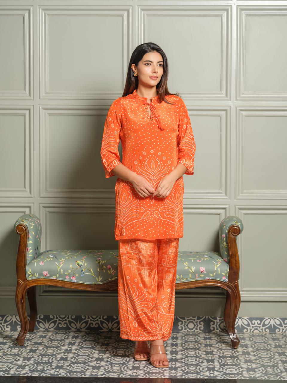 Natural crepe bandhani co ord in orange