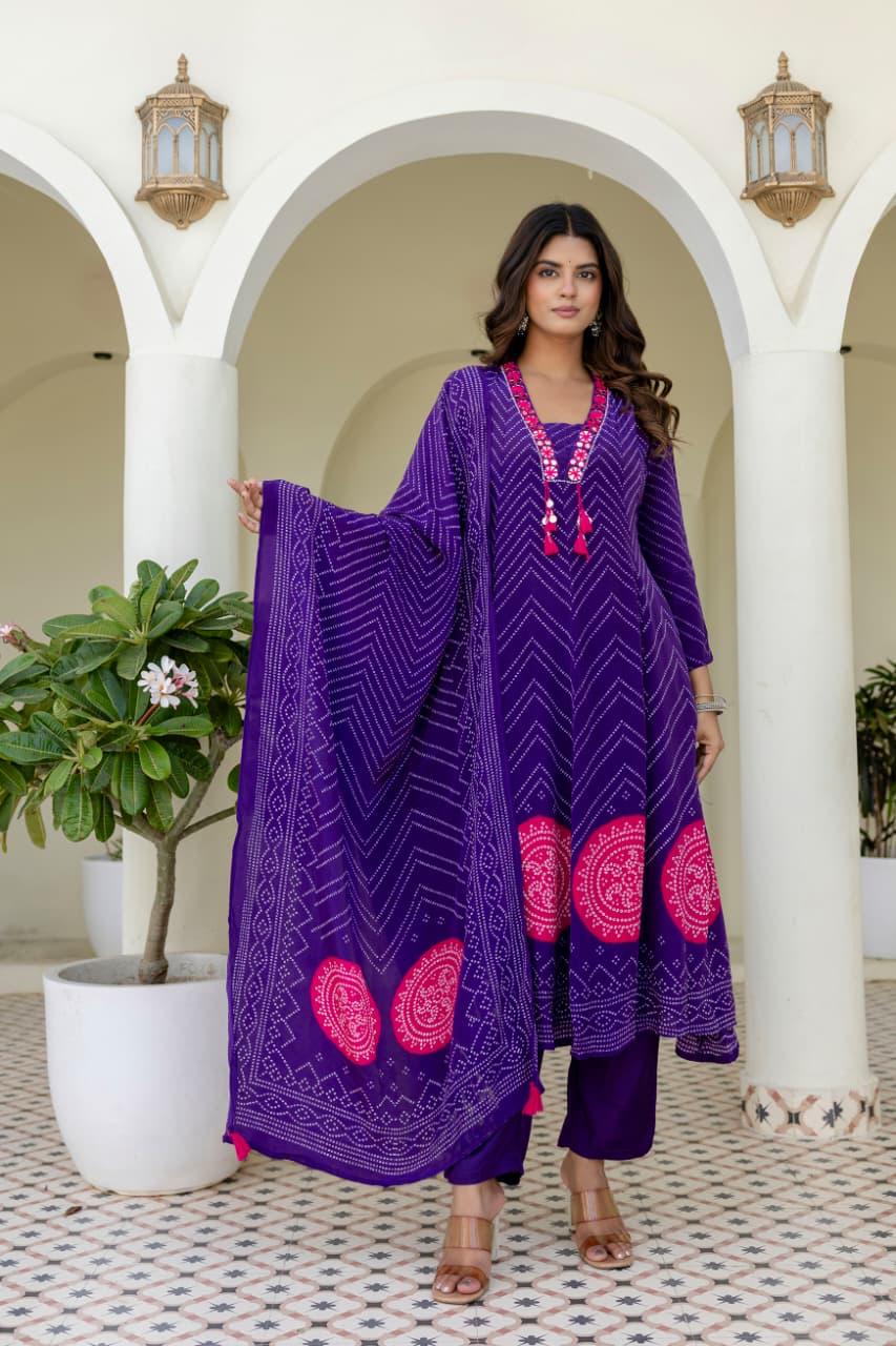 Pure natural crepe bandhani pink n purple Anarkali full suit set