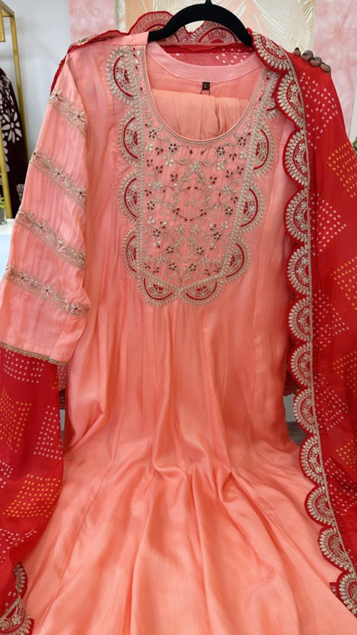 Pretty dola silk Anarkali paired with crepe dupatta