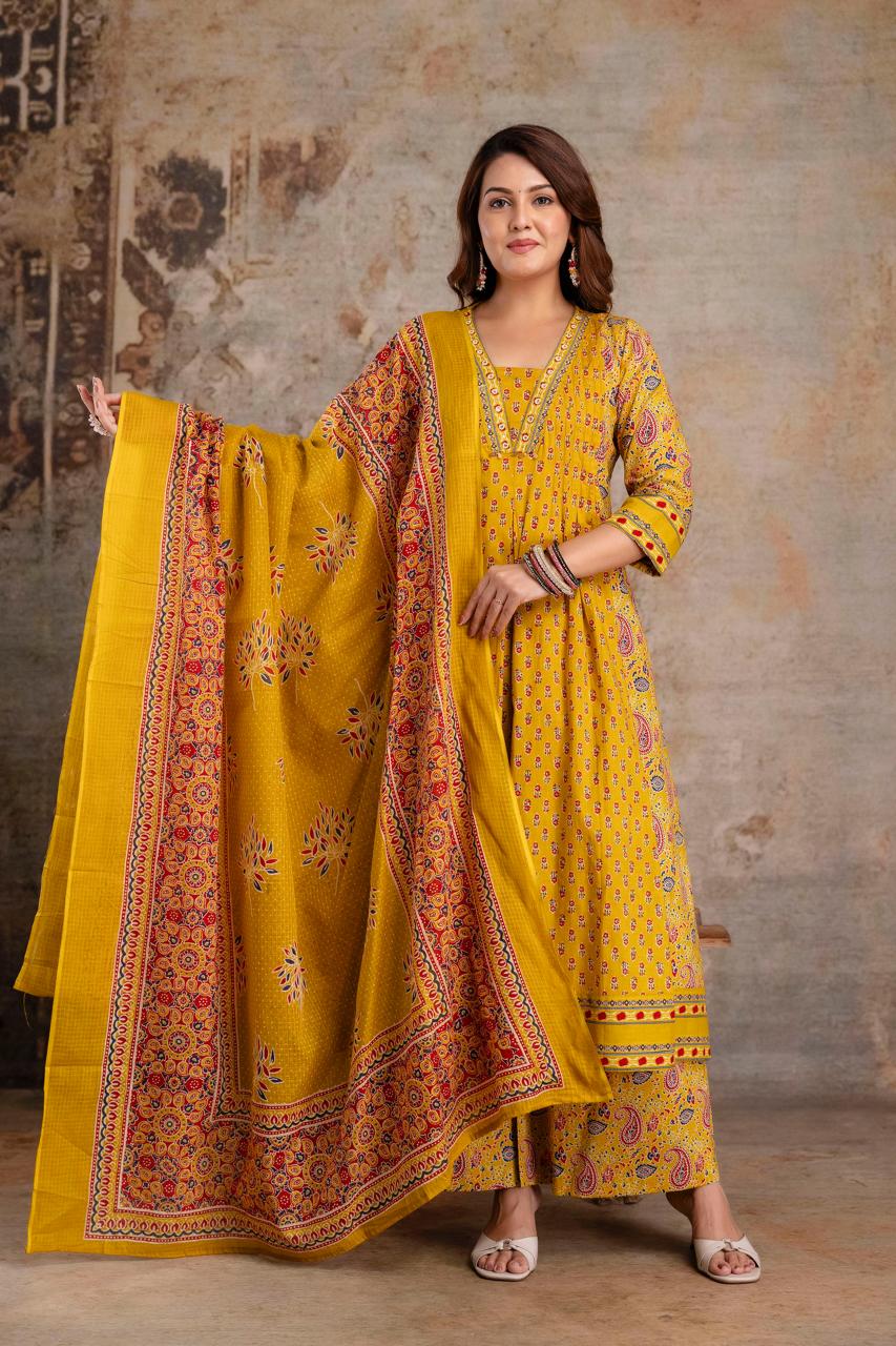 Pure cotton Kalamkari suit set in yellow