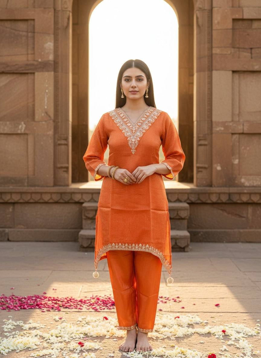 Pretty tissue orange kurta pant