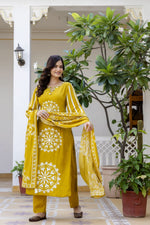 Pure crepe lining real mirror work suit set in yellow