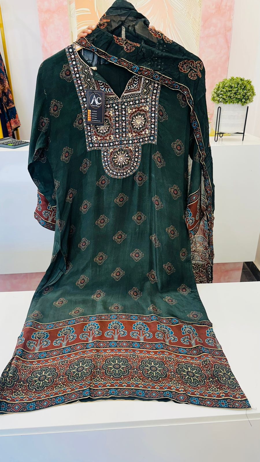 Pure crepe Ajrakh hand work suit set in green