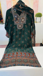 Pure crepe Ajrakh hand work suit set in green