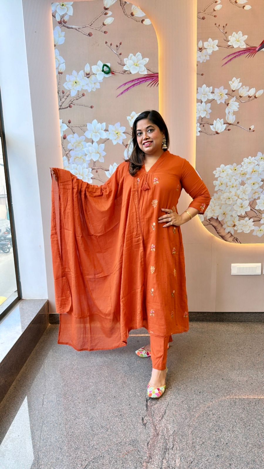 Pure Mul cotton embroidery suit set in orange