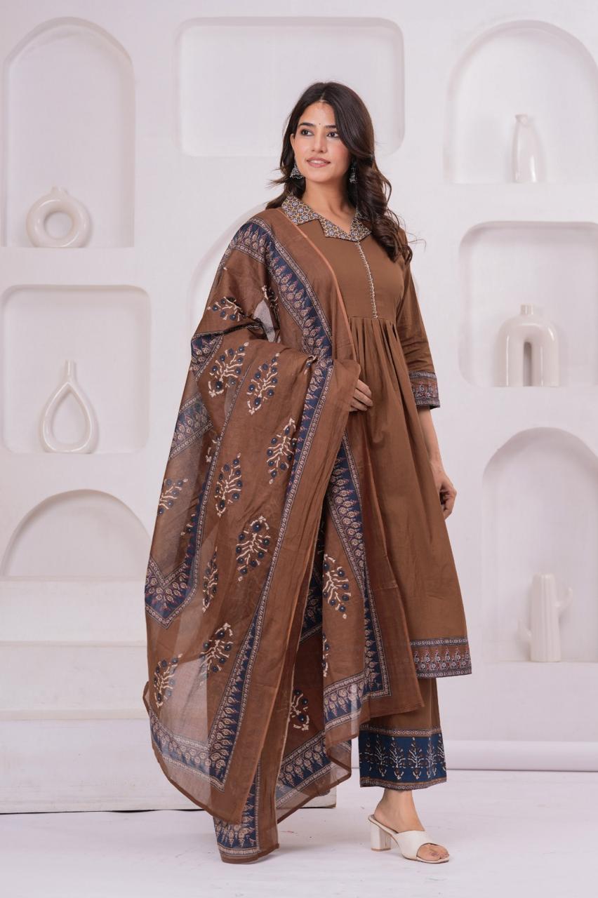 Pure cotton brown suit set paired with Kota doria dupatta