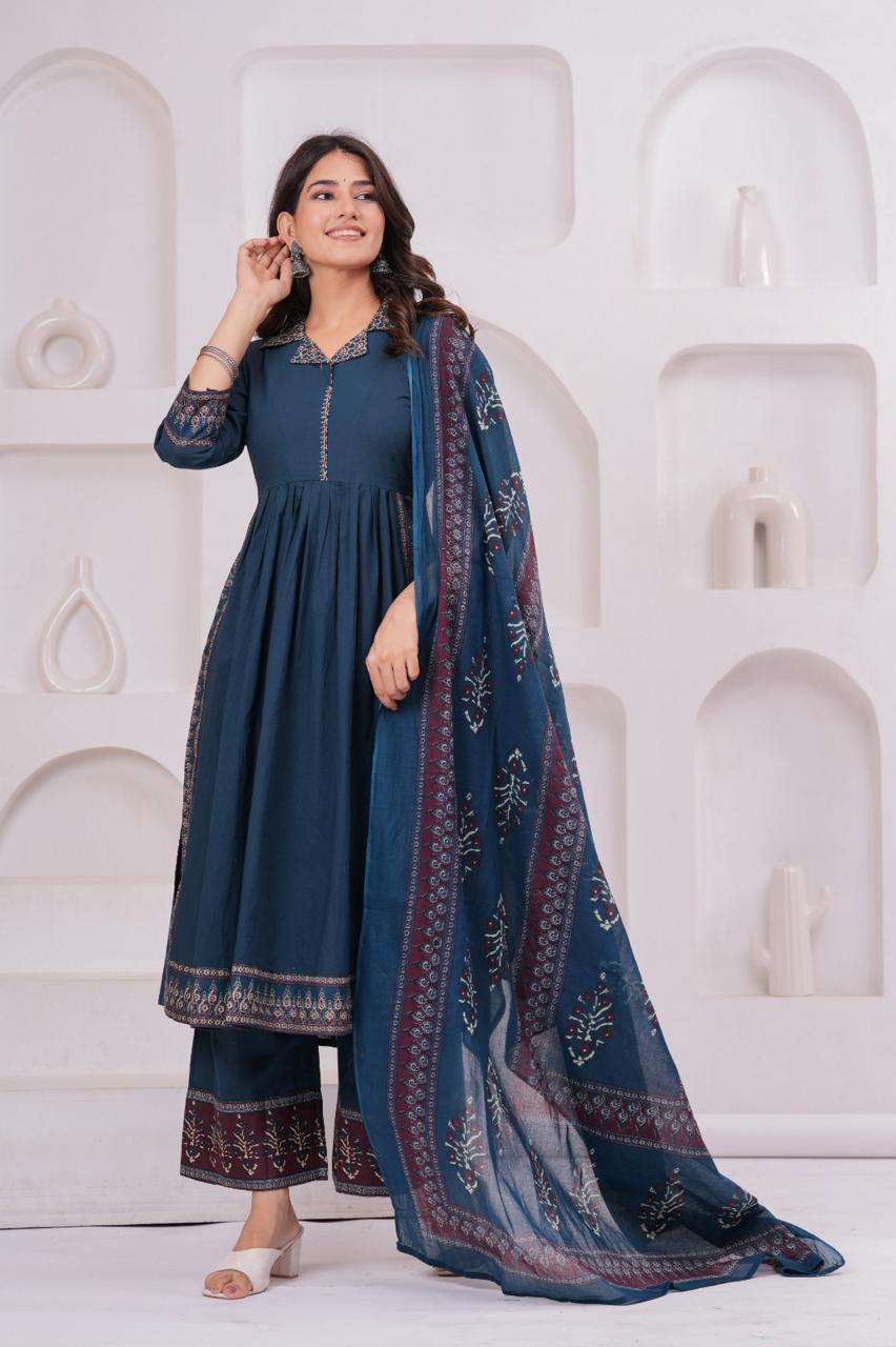 Pure cotton brown suit set paired with Kota doria dupatta in blue
