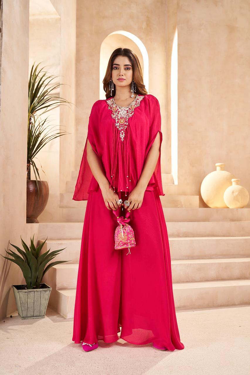 Heavy hand work chinon palazzo set in pink