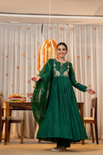 Pretty Russian silk Zari embroidered full suit set in green