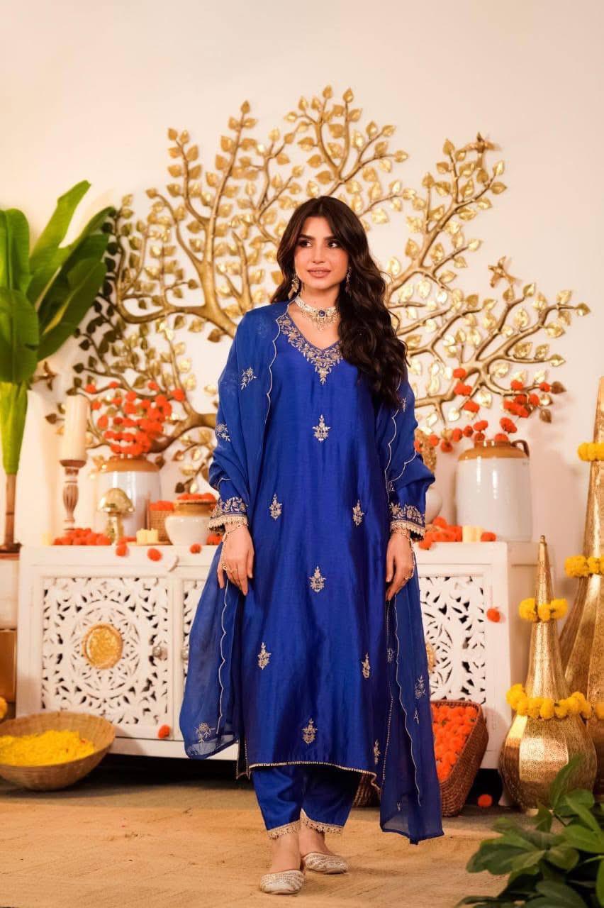 Royal blue Russian silk designer full suit set