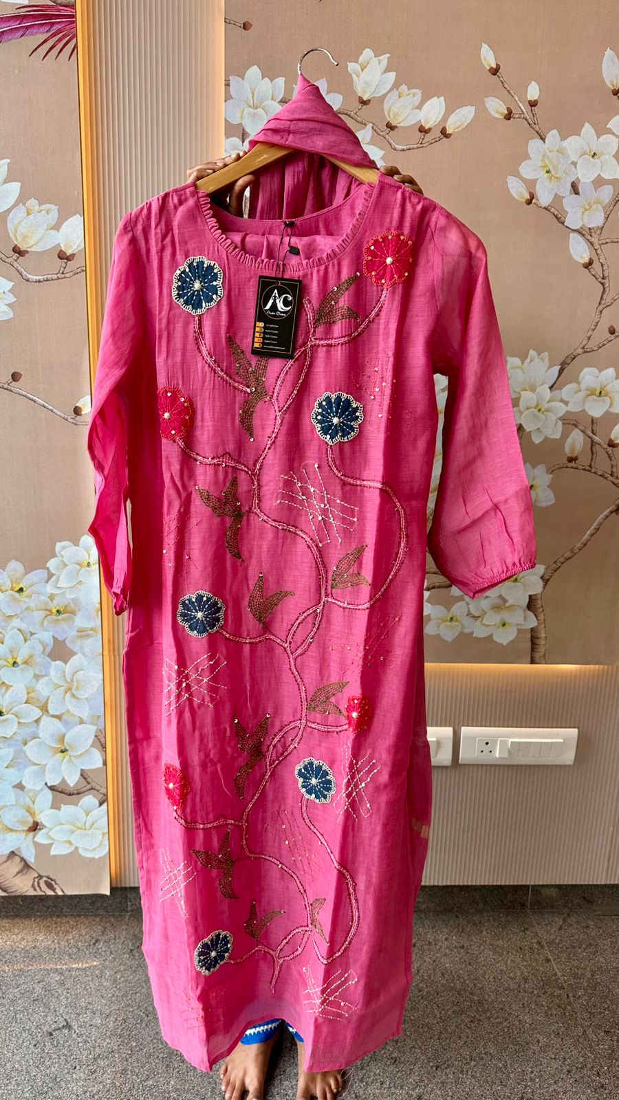Pure Mul Chanderi hand embroidery full suit in pink