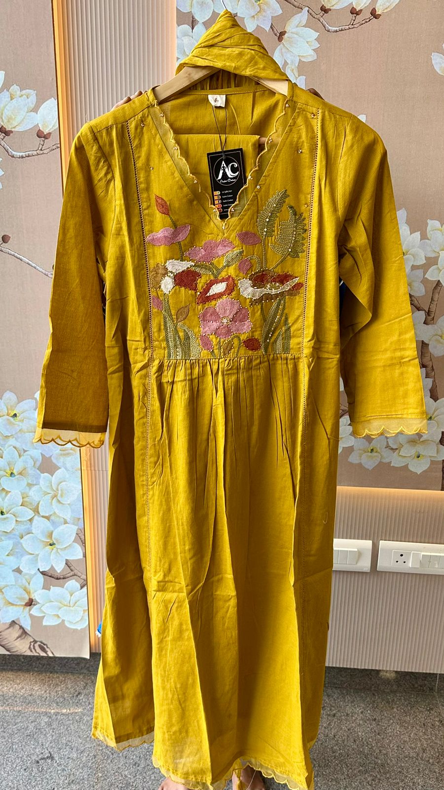 Pure embroidered cotton suit setin yellow
